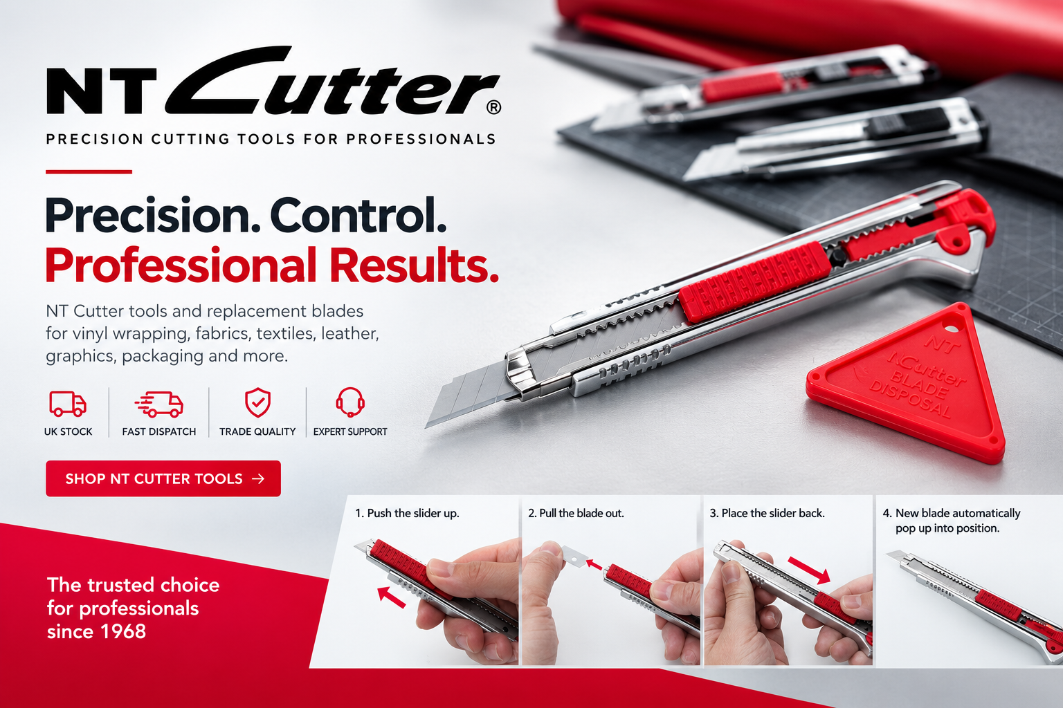 NT Cutter professional cutting tools and replacement blades for vinyl, fabric, leather and graphics